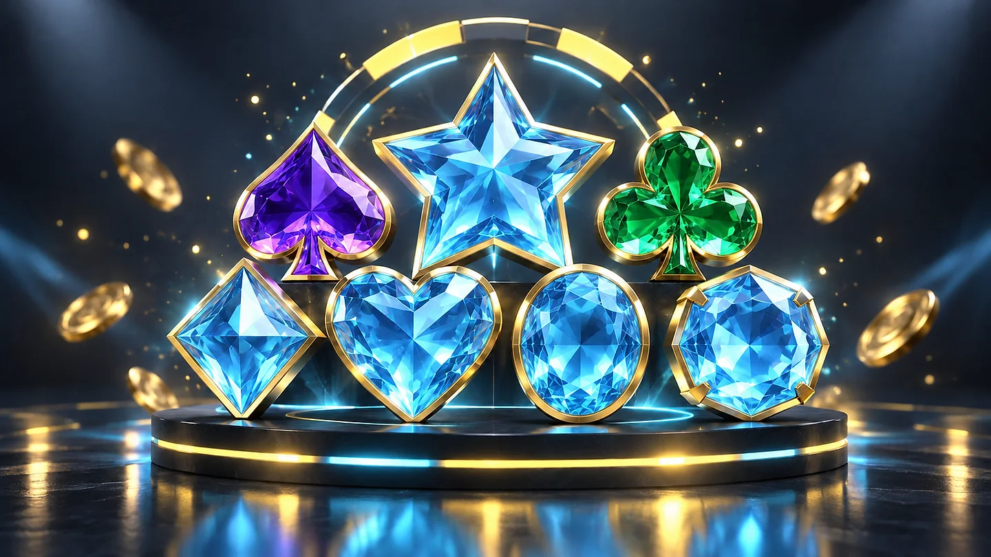 Blue, purple, and green gemstone symbols arranged on a dark display stand.