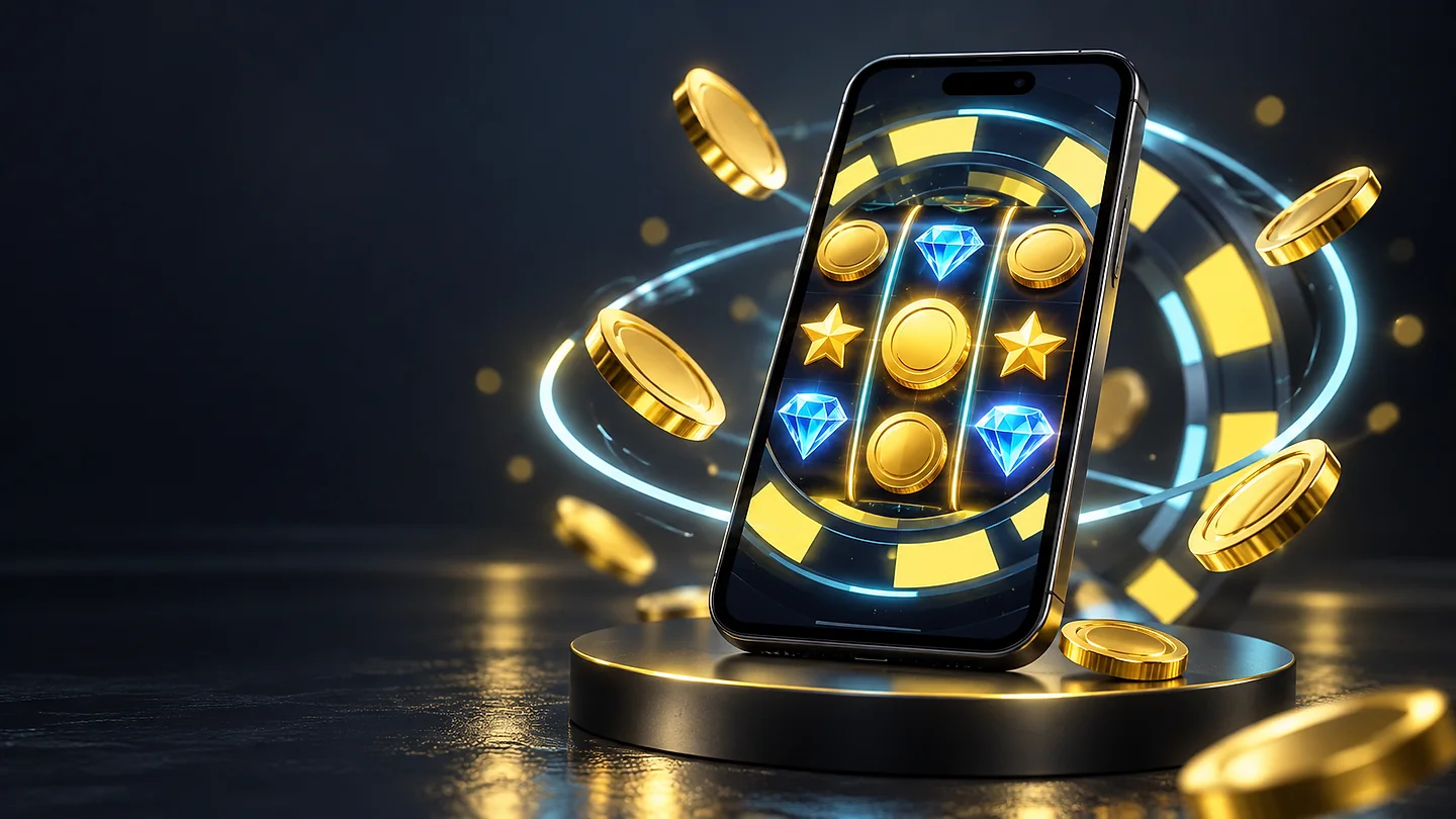An illuminated phone surrounded by golden coins, electric blue light, and colorful casino gems.