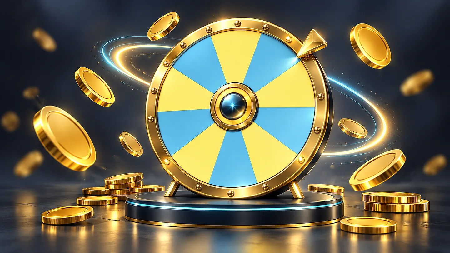 Unlabeled blue and yellow reward wheel with a gold pointer and surrounding coins.
